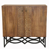 Natural Wood and Black Iron Scroll Double Door Cabinet