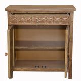 Artisanal Handcarved Natural Wood Accent Storage Cabinet