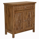 Artisanal Handcarved Natural Wood Accent Storage Cabinet