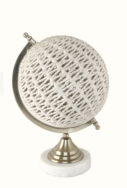 15" Modern Farmhouse Rustic Rattan and Marble Globe Sculpture