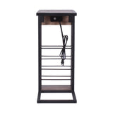 Modern Dark Wood and Metal End or Side Table with USB and Storage Rack