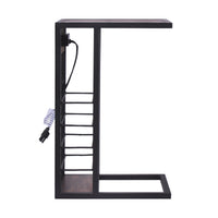 Modern Dark Wood and Metal End or Side Table with USB and Storage Rack