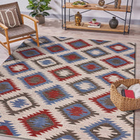 3? x 5? Red and Blue Geometric Diamonds Area Rug