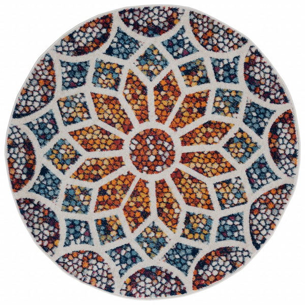 7? Round Multicolored Floral Mosaic Area Rug