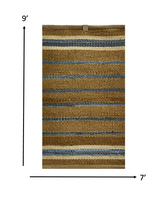 7? x 9? Tan and Blue Striped Area Rug