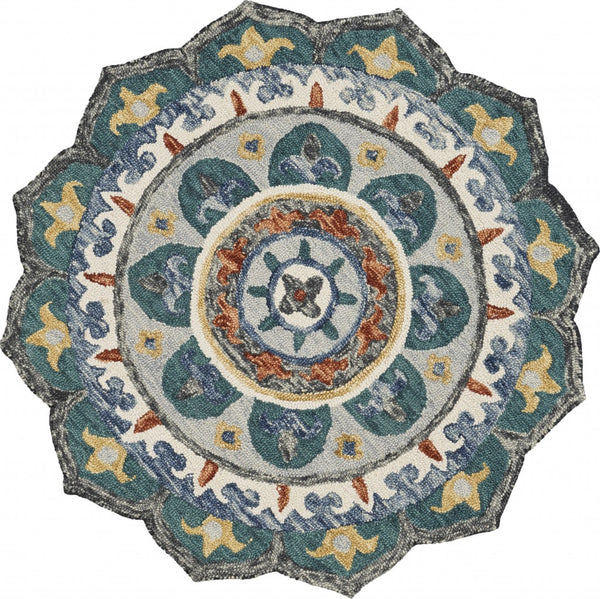 6? Round Teal Decorative Floral Area Rug