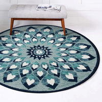 4? Round Blue and White Floral Feather Area Rug