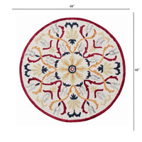 4? Round Red and Ivory Floral Filigree Area Rug