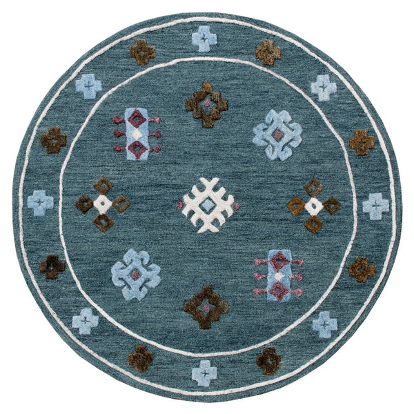 5? Round Blue Bordered Motif Area Rug