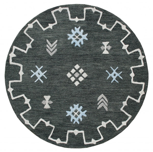 5? Round Charcoal Geometric Border Area Rug