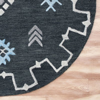 5? Round Charcoal Geometric Border Area Rug