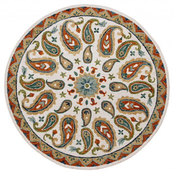 7? Round Orange and White Paisley Area Rug