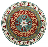 5? Round Red and Sage Medallion Area Rug