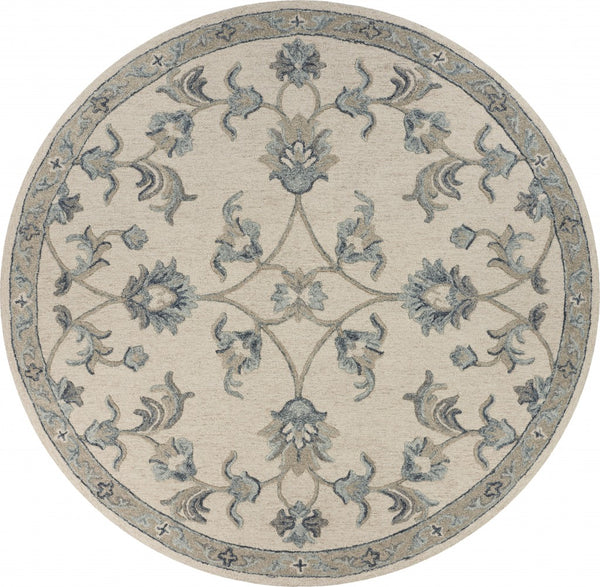 5? Round Beige and Blue Filigree Area Rug