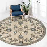 5? Round Beige and Blue Filigree Area Rug