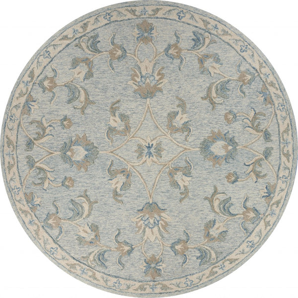 5? Round Blue and Cream Filigree Area Rug