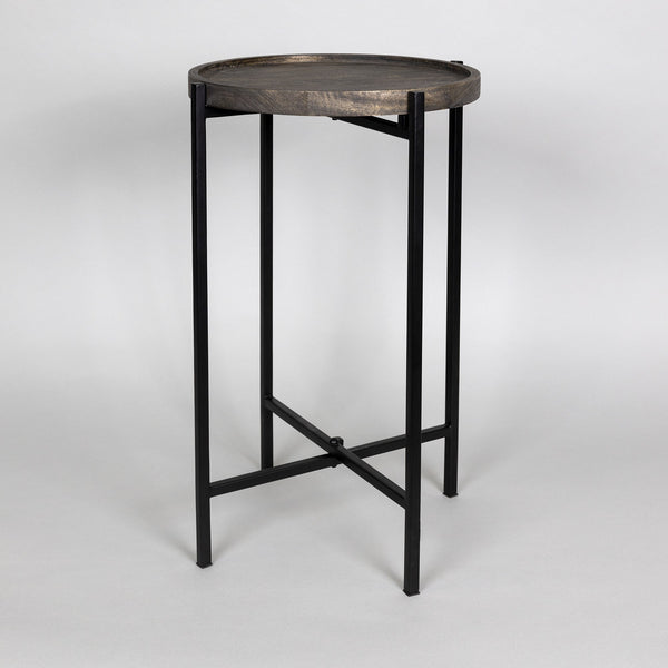 Black Cast Iron End Table with Wooden Top