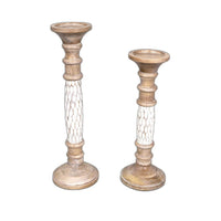 Set of Two White Wooden Carved Candle Holders
