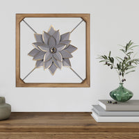 Wood Framed Gray Metal Flower Wall Décor