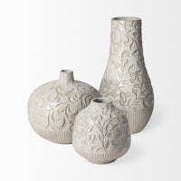 14" Carved White Ceramic Vase