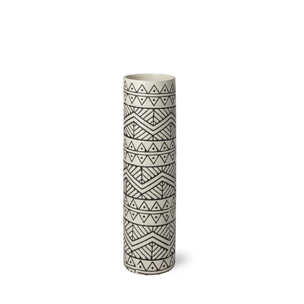 14" Black and Cream Tribal Geo Ceramic Vase