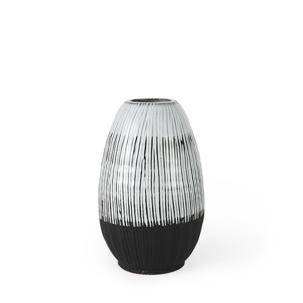 13" Black White and Gray Patterned Lines Ceramic Vase