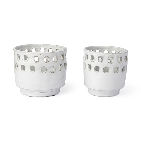 Set of Two White Ceramic Vases with Hollow Details