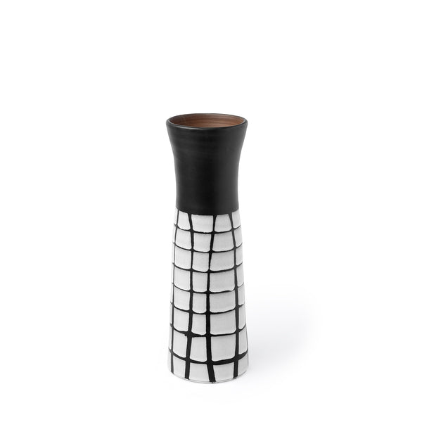 24" Black and White Modern Grid Ceramic Vase
