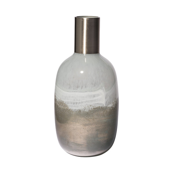 16" Cream and Brown Ombre Glass Vase with Dark Bronze Top