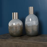 16" Cream and Brown Ombre Glass Vase with Dark Bronze Top