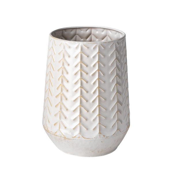 9" White Organically Embossed Chevron Metal Vase