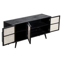 Rustic Black and Rattan Media Cabinet with Three Doors