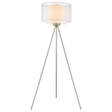 Brella 1-Light Brushed Nickel Tripod Floor Lamp With Sheer Snow Shantung Two Tier Shade