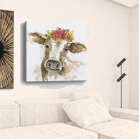 20" Watercolor Floral Cow Canvas Wall Art