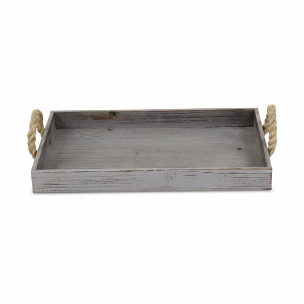 Gray Wooden Tray with Rope Handles