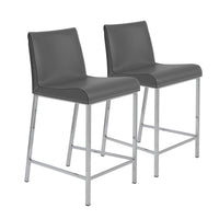 Set of Two Gray Leather and Steel Counter Stools