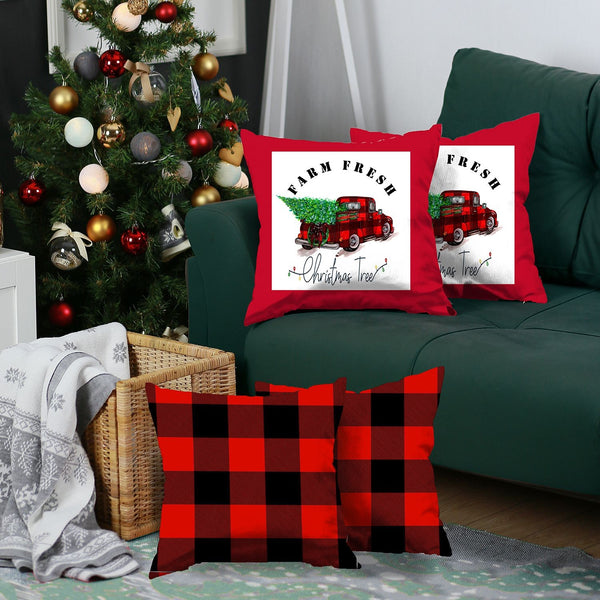 Set of 4 Red Plaid and Red Truck Throw Pillow Covers