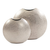 14" Hammered Silver Disc Shape Decorative Vase
