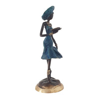 Vintage Bronze Statue of an African Woman in a Midnight Blue Dress Reading a Book