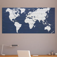 Blue and White World Map Wood Plank Wall Art