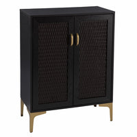 Modern Rustic Black Gold and Faux Rattan Bar Cabinet