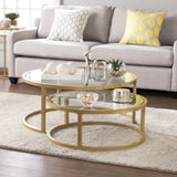 Set of Two Gold Glass Round Nested Coffee Tables