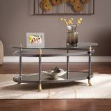 42" Gray Glass And Metal Oval Mirrored Coffee Table