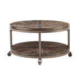 32" Brown Rustic and Distressed Round Two Tier Rolling Coffee Table