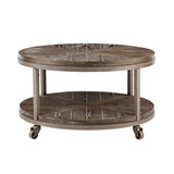 32" Brown Rustic and Distressed Round Two Tier Rolling Coffee Table