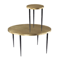 34" Black And Gold Embossed Metal Round Coffee Table