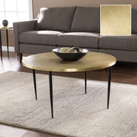 34" Black And Gold Embossed Metal Round Coffee Table