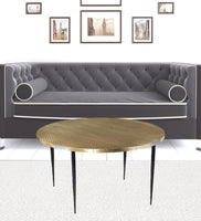 34" Black And Gold Embossed Metal Round Coffee Table