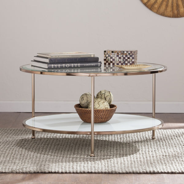 34" Gold Glass And Metal Round Coffee Table