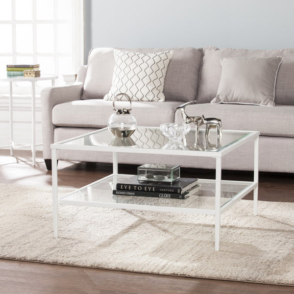 32" White Glass And Metal Square Coffee Table